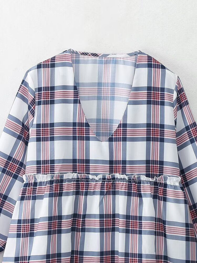 Women Clothing French Casual Retro Plaid Mini Long Sleeve Dress
