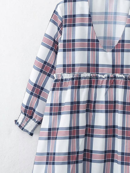 Women Clothing French Casual Retro Plaid Mini Long Sleeve Dress