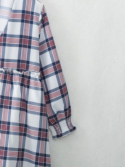 Women Clothing French Casual Retro Plaid Mini Long Sleeve Dress
