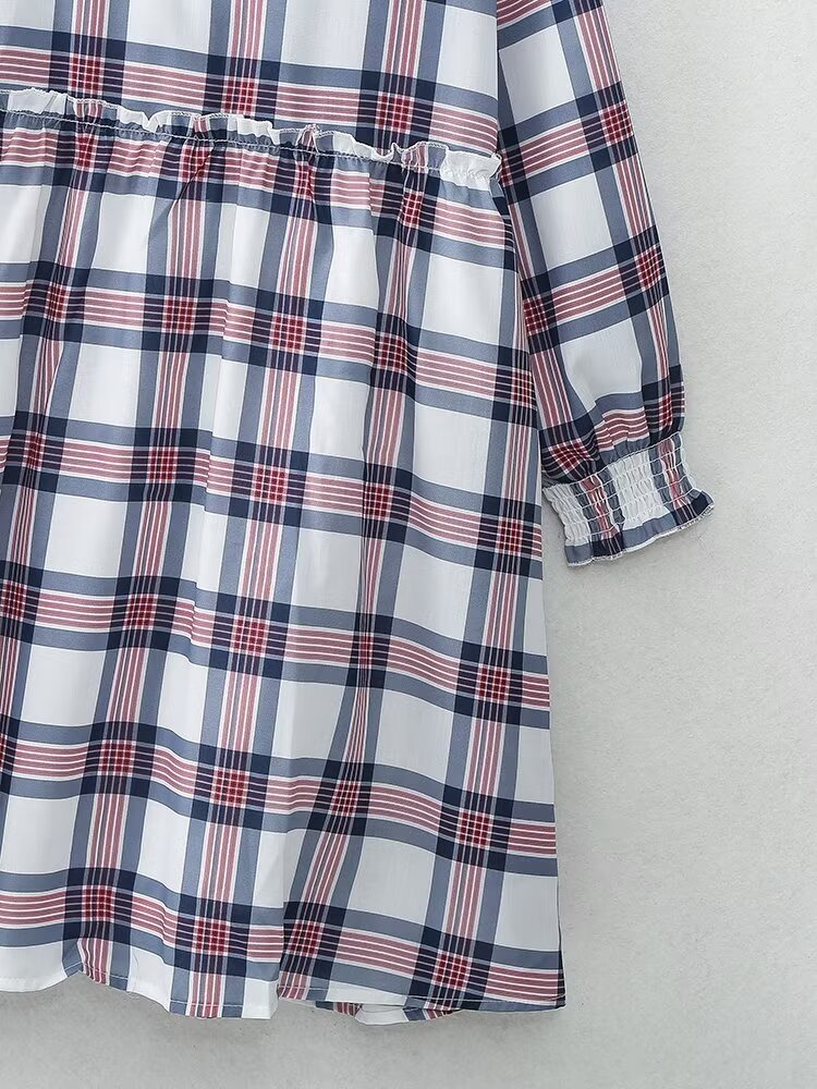 Women Clothing French Casual Retro Plaid Mini Long Sleeve Dress