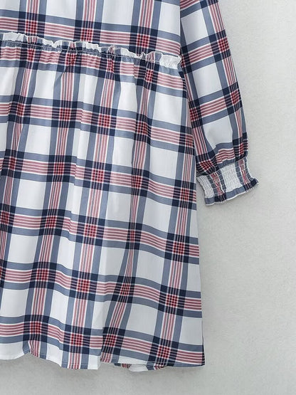 Women Clothing French Casual Retro Plaid Mini Long Sleeve Dress