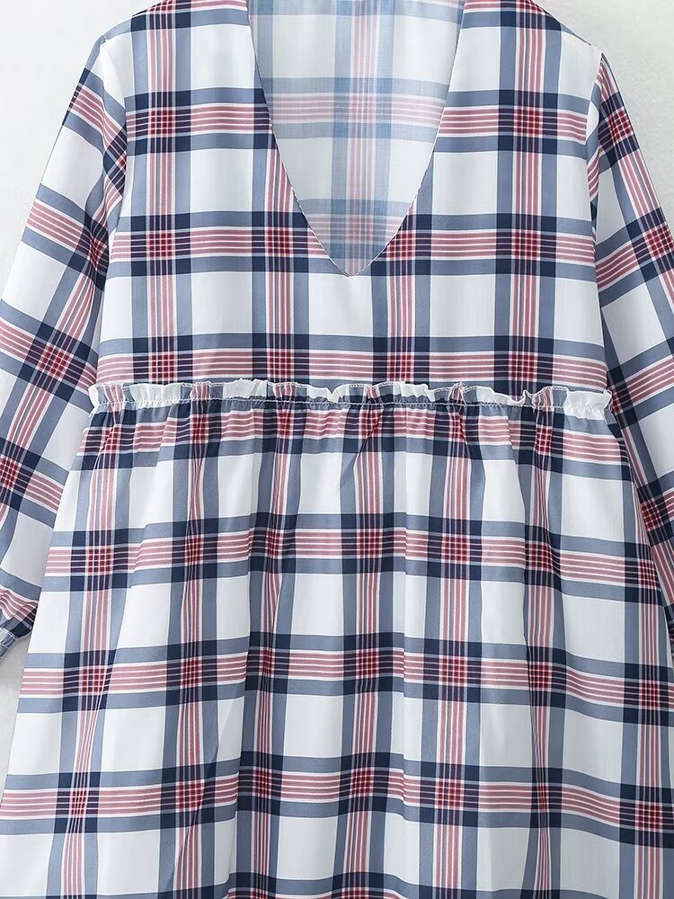 Women Clothing French Casual Retro Plaid Mini Long Sleeve Dress