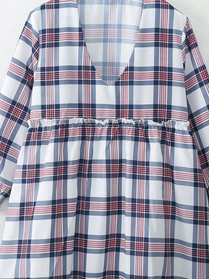 Women Clothing French Casual Retro Plaid Mini Long Sleeve Dress