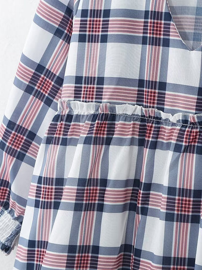 Women Clothing French Casual Retro Plaid Mini Long Sleeve Dress