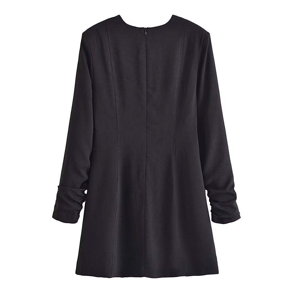 Spring Elegant Casual Belt Padded Shoulder V neck Long Sleeve Mini Dress