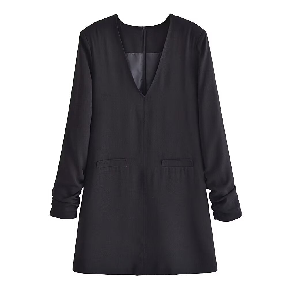 Spring Elegant Casual Belt Padded Shoulder V neck Long Sleeve Mini Dress
