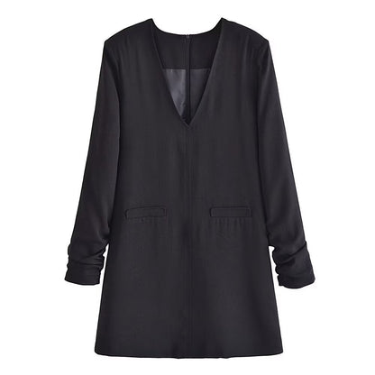 Spring Elegant Casual Belt Padded Shoulder V neck Long Sleeve Mini Dress