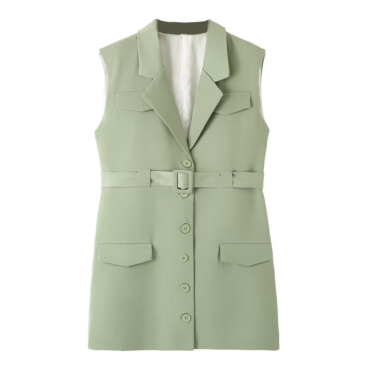 Fall Women Clothing All Match Solid Color Collar Single Breasted with Belt Pocket Long Vest