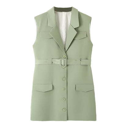 Fall Women Clothing All Match Solid Color Collar Single Breasted with Belt Pocket Long Vest