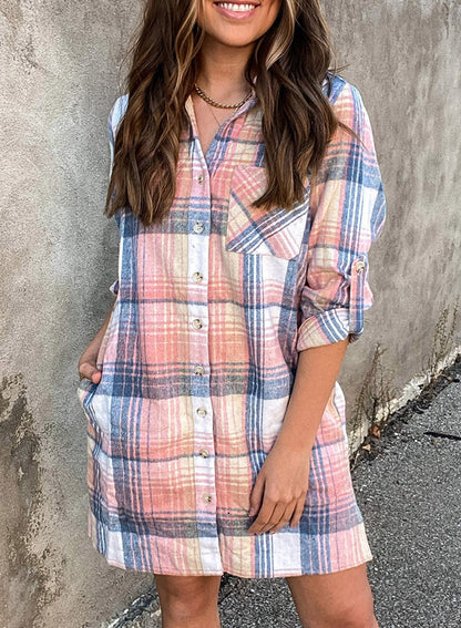 Simple Plaid Shirt Short Autumn Women Clothing Loose Single Breasted Dress