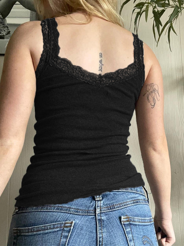 Girl With A Gun Print Lace Trim Gray Tank Top