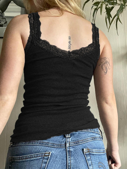 Girl With A Gun Print Lace Trim Gray Tank Top