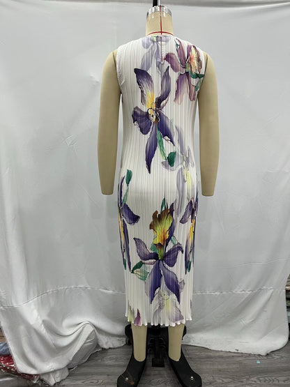 Winter Women Clothing Casual Pleated Printed Sleeveless Dress