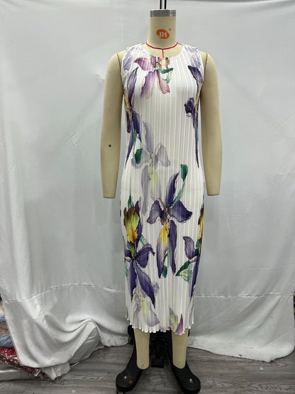 Winter Women Clothing Casual Pleated Printed Sleeveless Dress