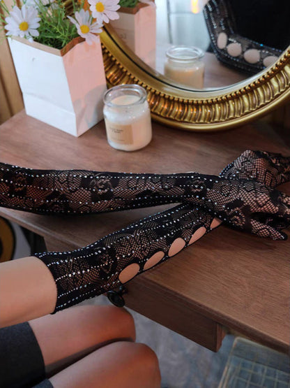 Dark Style Black Rhinestone Fishnet Rose Long Gloves