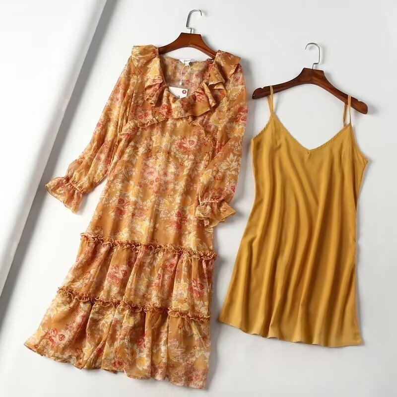 Winter Women Clothing Casual Solid Color Spaghetti Strap Floral Print Dress Two Piece Set