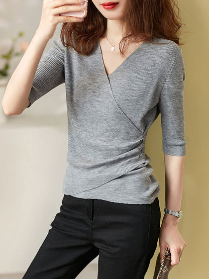 Jocelyn Casual V-Neck Solid Color Knitted Top-Black