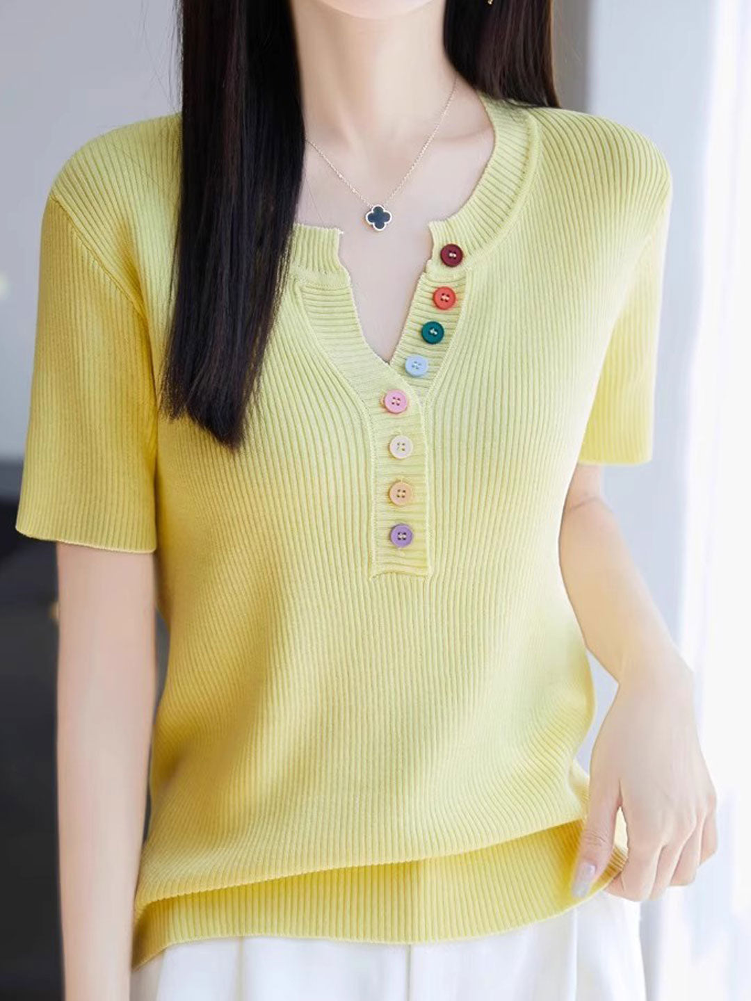 Mariah Loose Color Button Solid Color Top