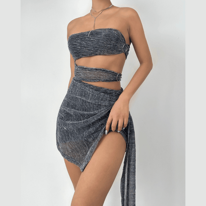 O ring hollow out irregular ruffle ribbed ruched tube cut out mini dress  | Festival Outfits Women
