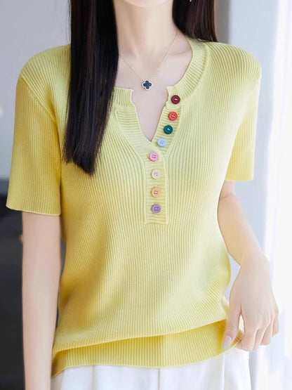 Mariah Loose Color Button Solid Color Top