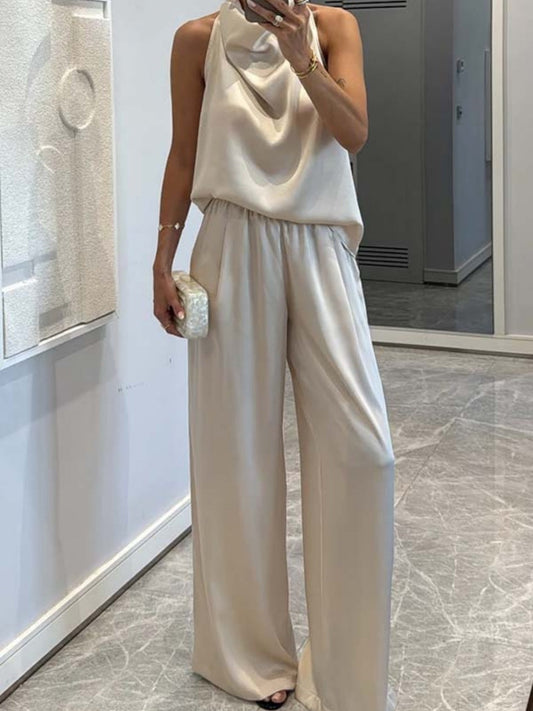 Swing Collar Sleeveless Top Straight-leg Trousers Set 2-piece Sets