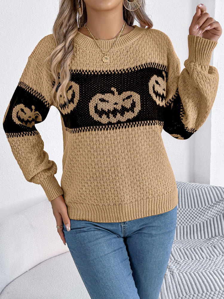 Suéter de punto con cuello redondo y bloques de color con cabeza de calabaza de Halloween 