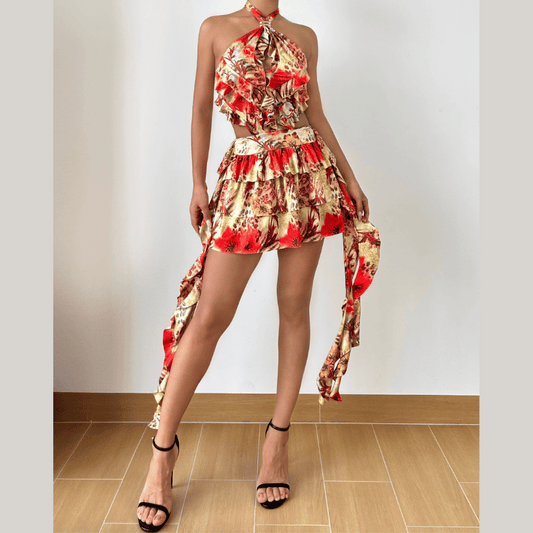 Hollow out halter self tie ruffle print cut out mini dress  | Festival Outfits Women