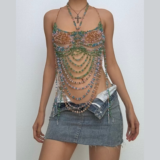 Metal chain halter beaded backless contrast top  | Festival Outfits Women