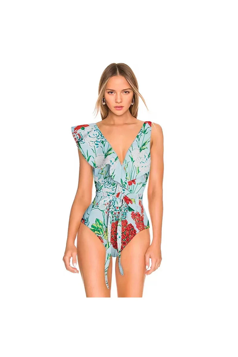 Conjunto de bikini estilo francés con lazo y ribete de encaje