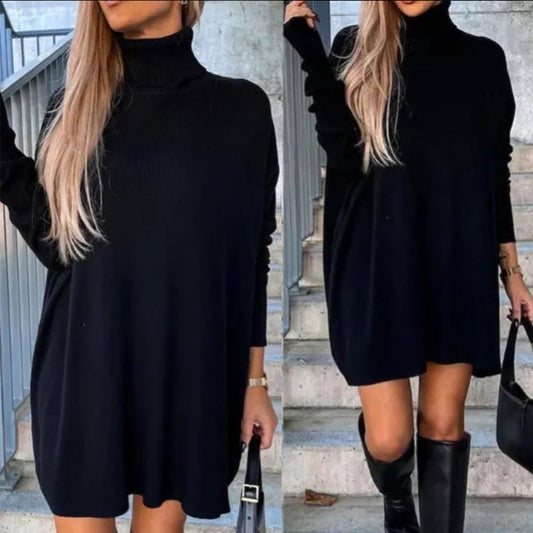 Elegante jersey negro de punto con cuello alto para mujer | Ideal para otoño/invierno