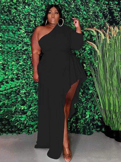 Solid Oblique Collar Dresses