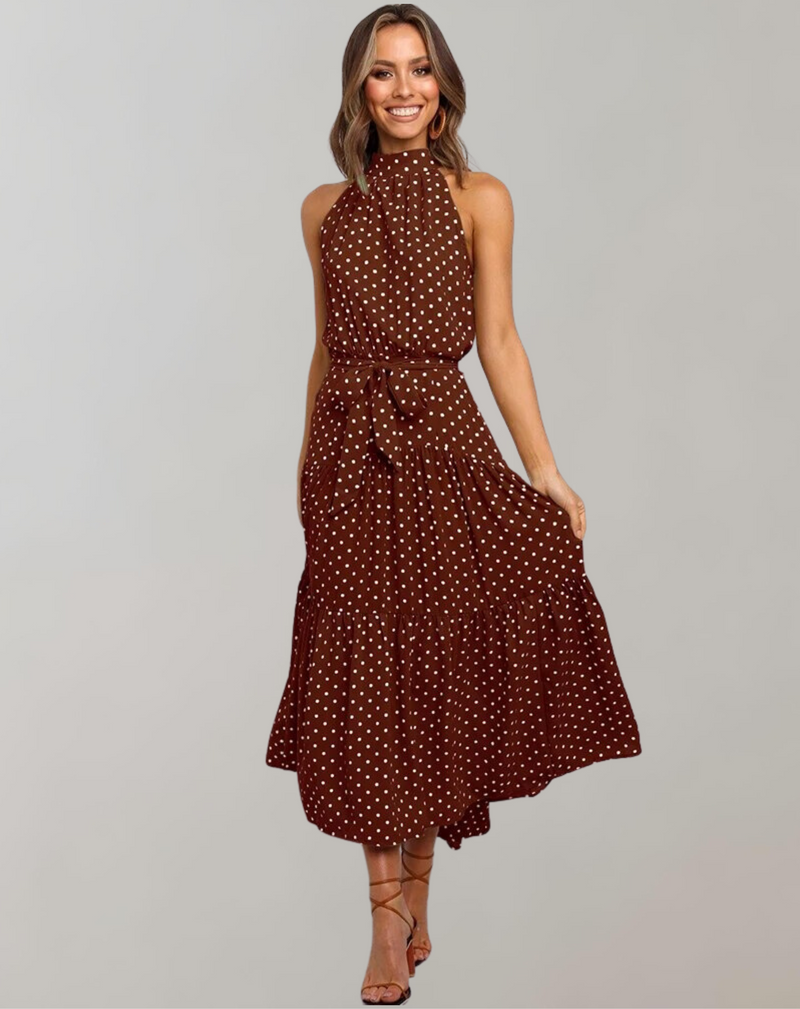 Vestido largo informal con cuello halter y estampado de lunares para mujer | Ideal para primavera/verano