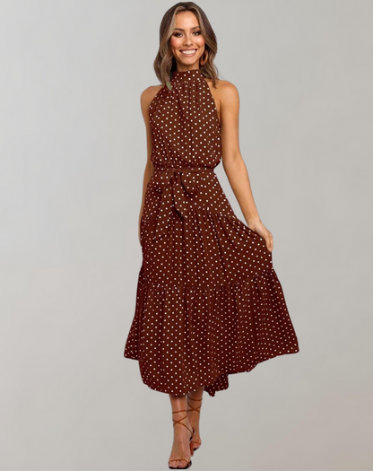 Vestido largo informal con cuello halter y estampado de lunares para mujer | Ideal para primavera/verano