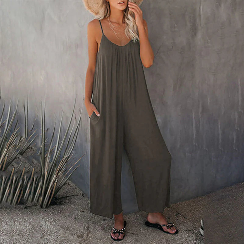 Women's Stretchy V-Neck Sleeveless Summer Jumpsuit with Pockets and Wide Legs | Ideal for Summer