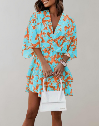Vestido midi clásico con cuello en V y mangas murciélago para mujer | Ideal para primavera/verano