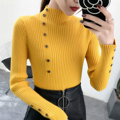 Jersey de cuello alto ajustado de punto elástico para mujer con botones | Ideal para otoño/invierno