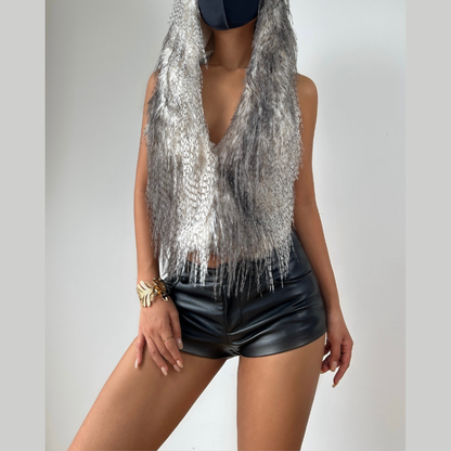 Hoodie fluffy self tie v neck backless top  | Festival Outfits Women