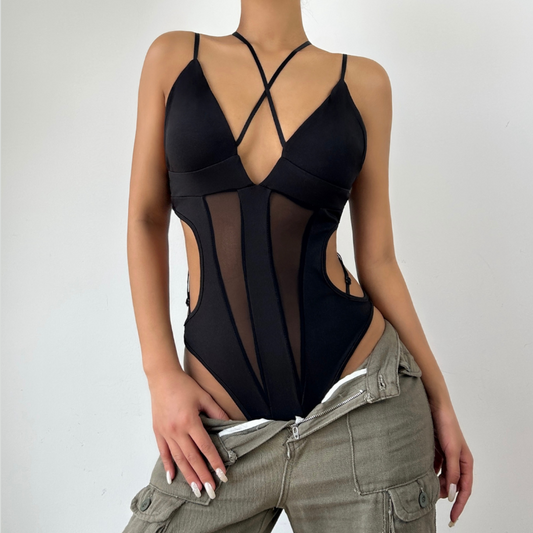 Cross front v neck button hollow out cami bodysuit | Festival Outfits Women