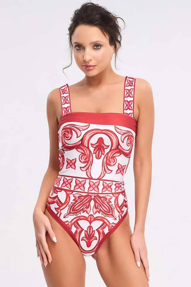 Conjunto de traje de baño de una pieza con estampado étnico