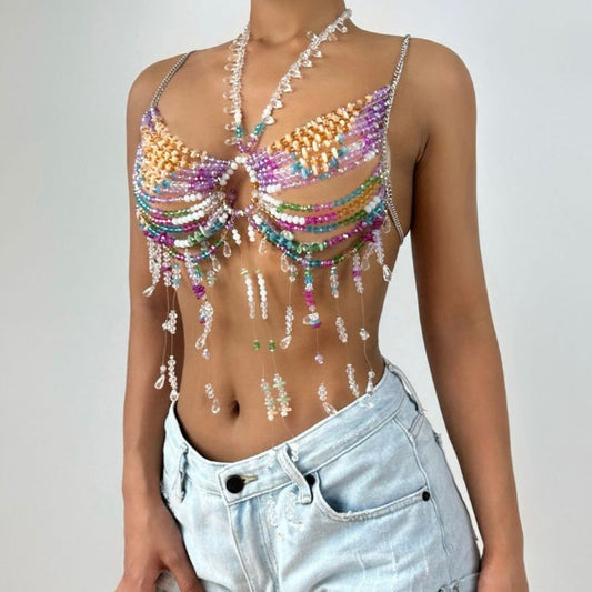 Halter beaded contrast hollow out cut out top  | Festival Outfits Women