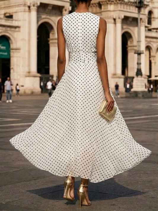 Sleeveless Polka Dots Waist Grace Temperament Maxi Dresses