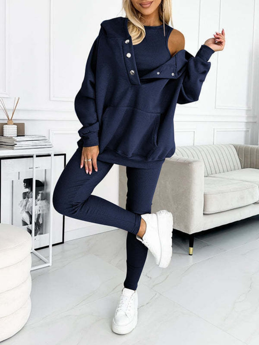 Sporty Casual Hoodie Sweatshirt, Ribbed Slim Fit Vest And Pants Three-piece Set