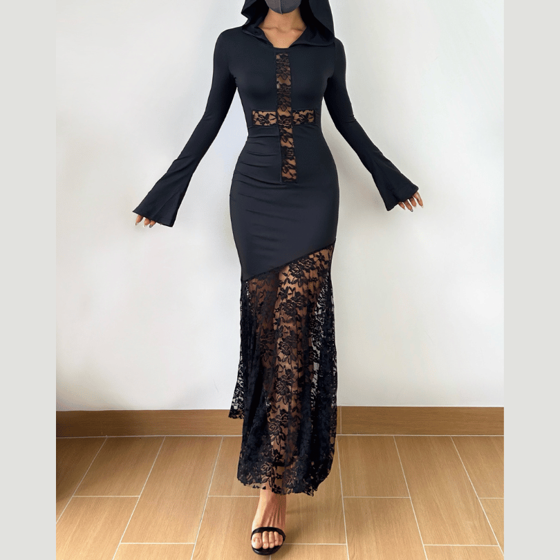 Long sleeve hoodie lace hem cross pattern maxi dress  | Festival Outfits Women
