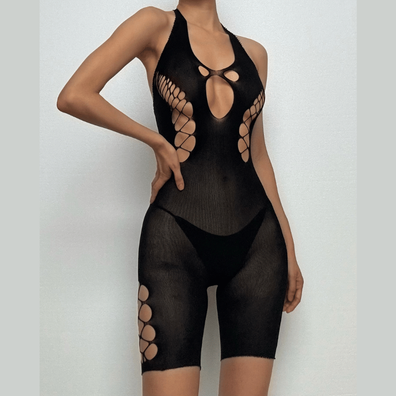 Halter hollow out backless u neck bodystocking  | Festival Outfits Women
