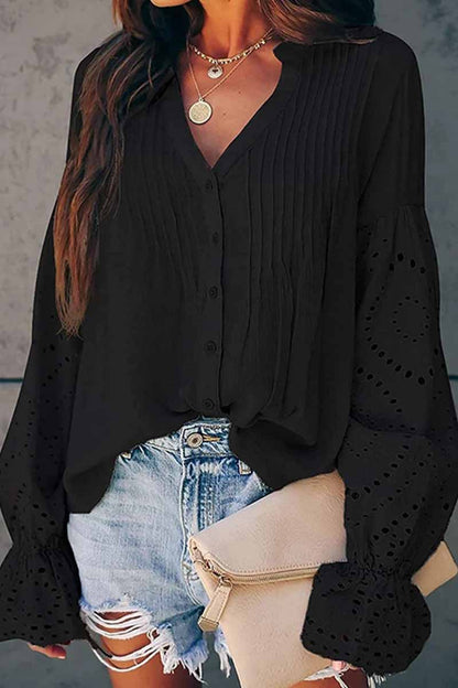 V-Neck Single Breasted Loose Flared Long Sleeves Tops