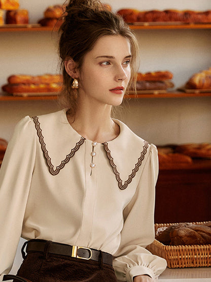 Lauren French Style Embroidered Doll collar Chiffon Blouse