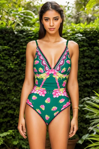 Conjunto de traje de baño con falda y tirantes finos en V profundo