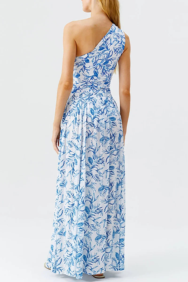 Conjunto azul de un solo hombro con estampado floral fresco