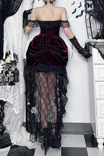 Elegant Dark Red Velvet Lace Midi Dress