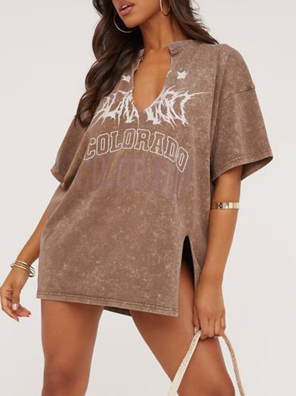 V Neck Letter Print Oversized Short Sleeve Tee